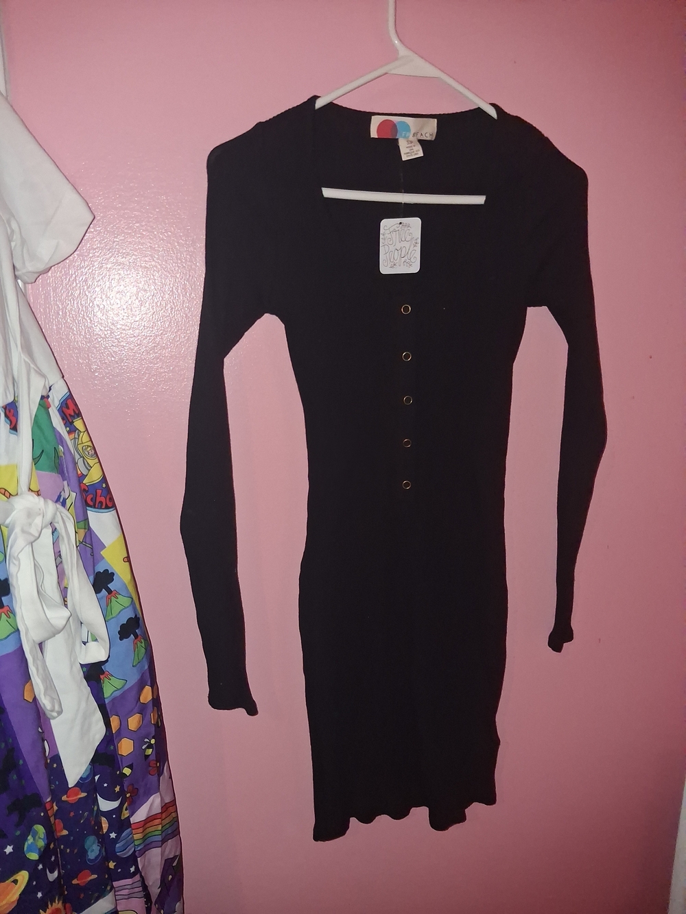 Free People Beach Black Ribbed Long Sleeve Button-Front Mini Dress
